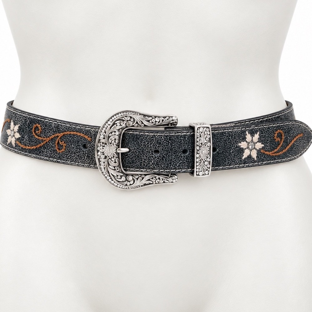 Nocona Size S Black Leather Floral Embroidered Rhinestone Western Cowgirl Belt